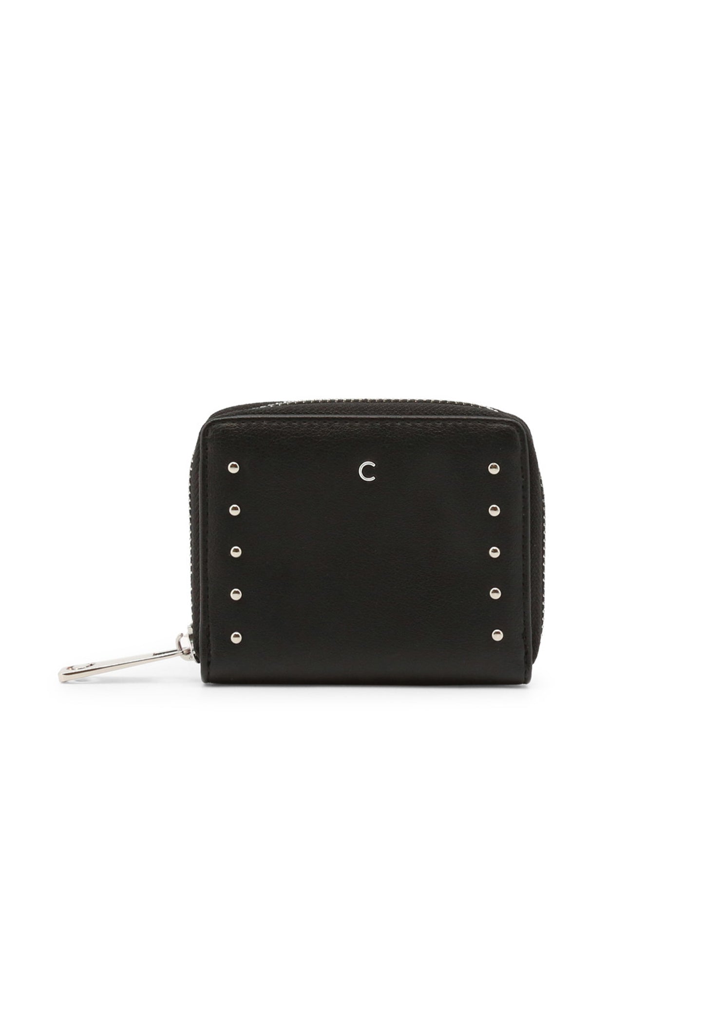 Front flat-lay of ALLIE-CB7053 black PU wallet featuring metallic side studs and Carrera logo.