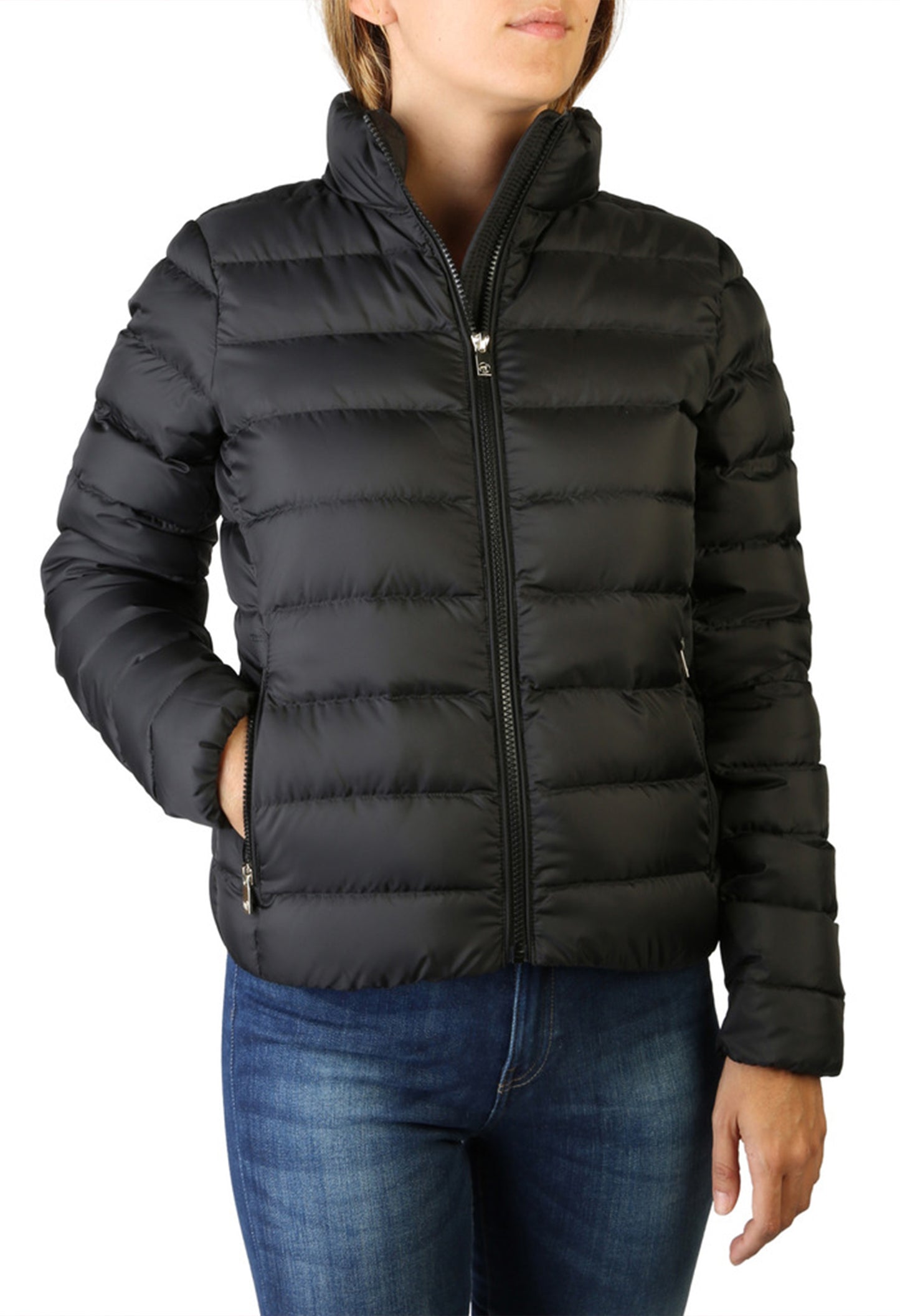 Front view of Ciesse MIKALA-P0210D black puffer jacket showing zip closure and side pockets.
