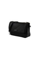 Black woven handbag with a visible brand logo on a white background