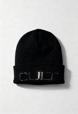 Cult X4EPUX97600Z black unisex beanie hat displayed flat with metallic CULT logo detail on the cuff.