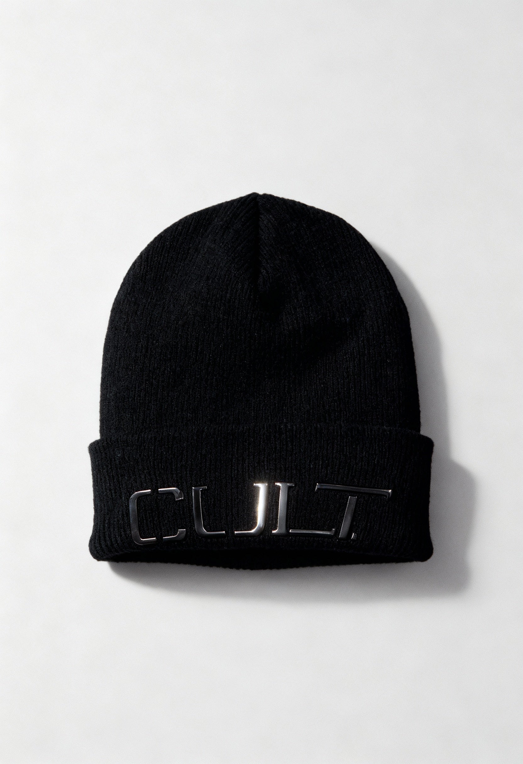 Cult X4EPUX97600Z black unisex beanie hat displayed flat with metallic CULT logo detail on the cuff.