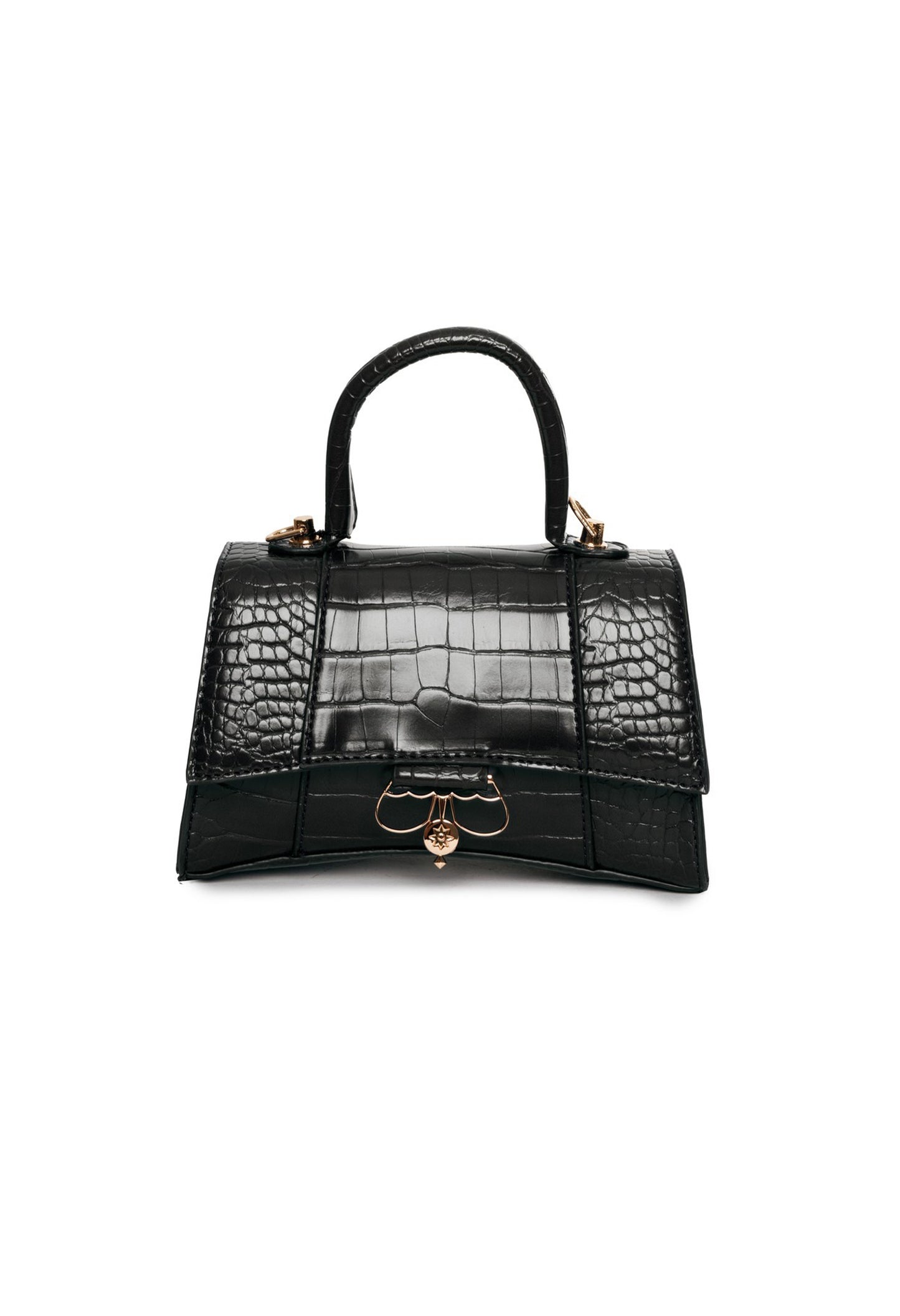 Black mini croco handbag with gold accents and top handle, Egon Von Furstenberg.