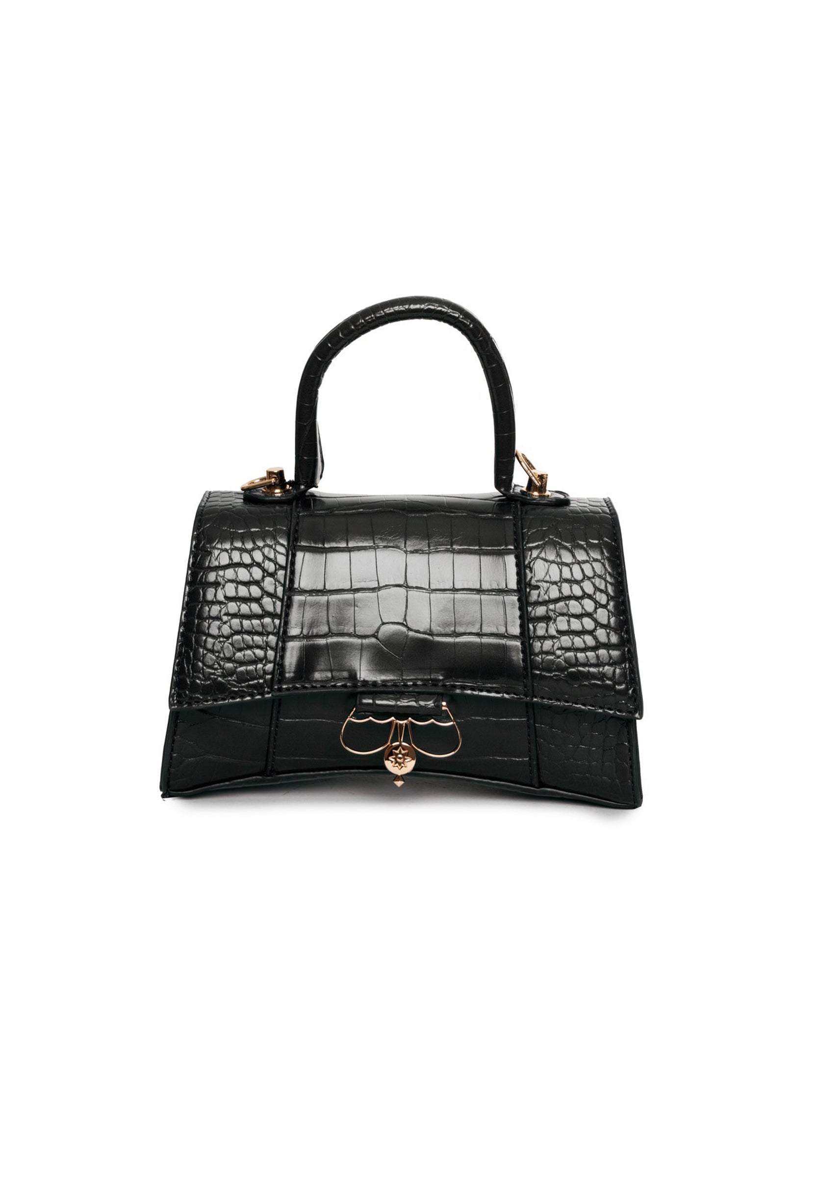 Black mini croco handbag with gold accents and top handle, Egon Von Furstenberg.