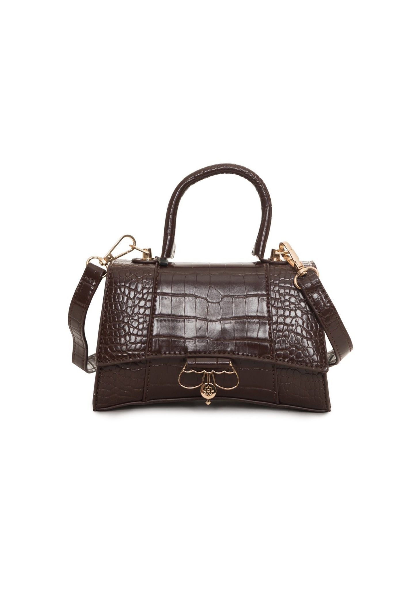 Brown crocodile-texture Egon Von Furstenberg handbag with flap closure and gold hardware.