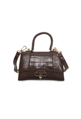 Brown crocodile-texture Egon Von Furstenberg handbag with flap closure and gold hardware.