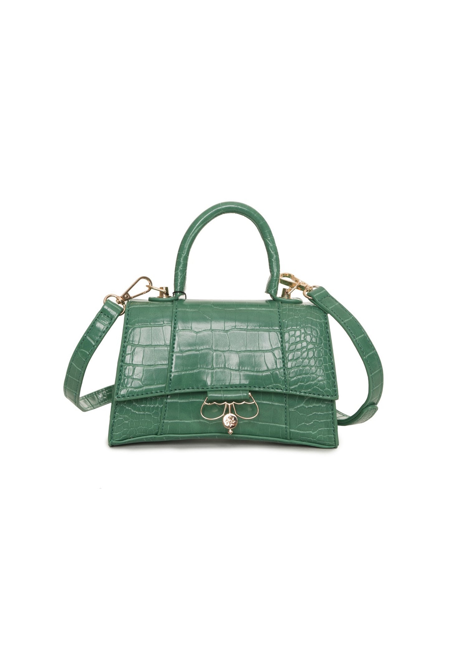 Flat product image of the EGFW006-JANE green croco handbag showing front flap and visible logo.