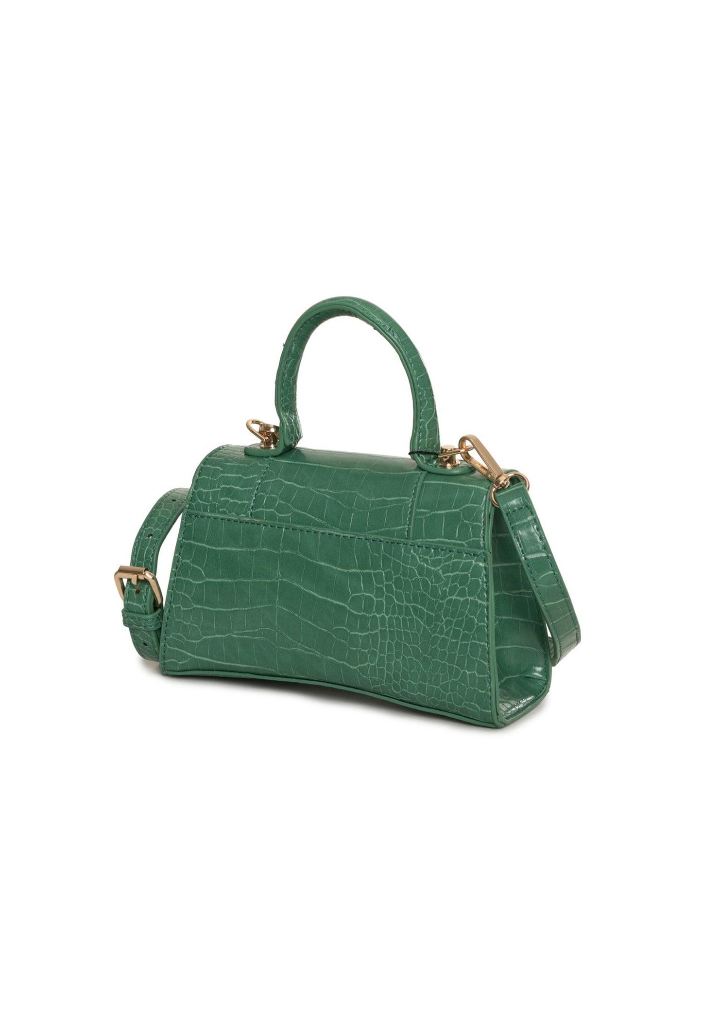Side-angle view of green Egon Von Furstenberg croco-embossed handbag with structured shape.