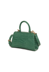 Side-angle view of green Egon Von Furstenberg croco-embossed handbag with structured shape.