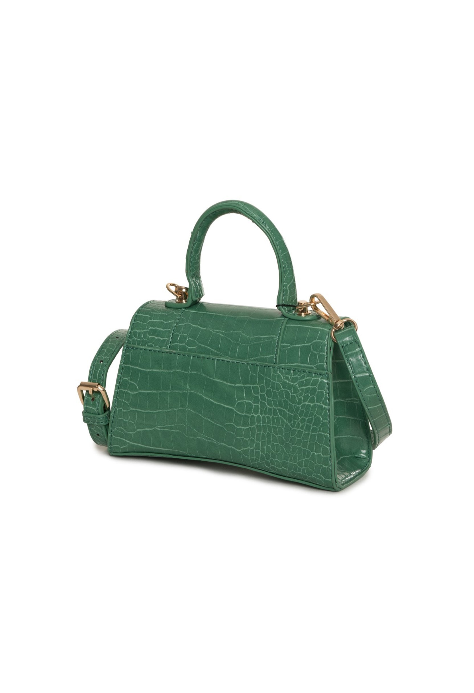 Side-angle view of green Egon Von Furstenberg croco-embossed handbag with structured shape.