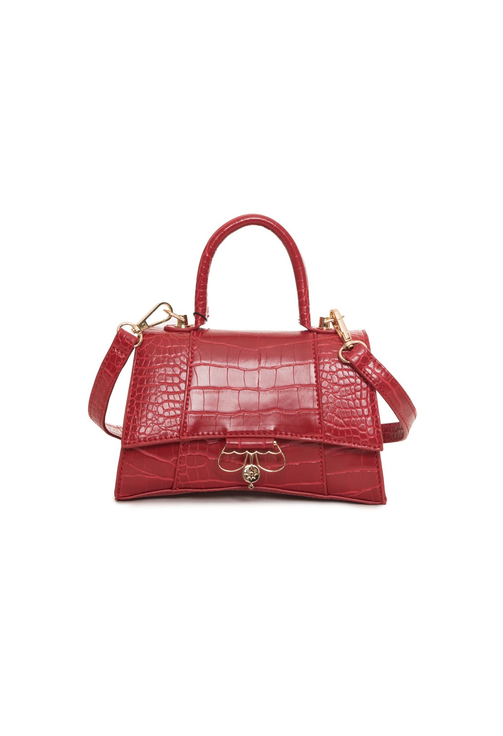 Red croco-pattern Egon Von Furstenberg handbag with gold hardware and top handle.