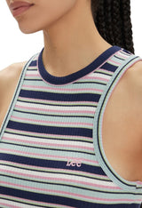 Close-up of Lee 112350213 striped sleeveless top showing visible embroidered Lee logo on chest.