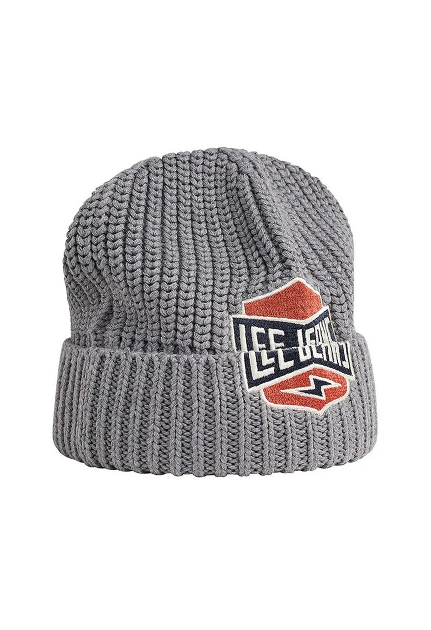 Front flat-lay of Lee 112358291 grey knit beanie hat featuring large logo patch on folded cuff.