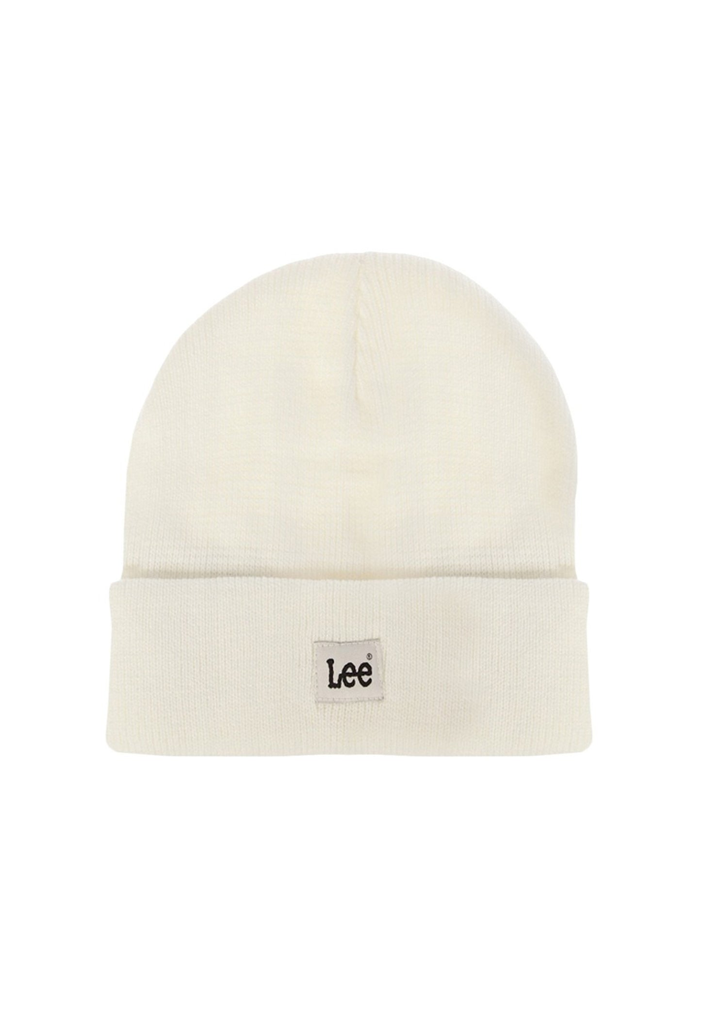 Front flat-lay of Lee LP5940NQ white beanie hat featuring small woven Lee label on cuff.