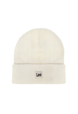 Front flat-lay of Lee LP5940NQ white beanie hat featuring small woven Lee label on cuff.