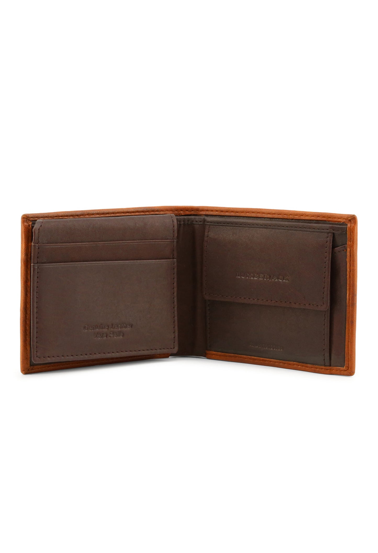 Men's leather bifold wallet interior view, showing card slots and coin purse feature.