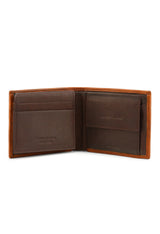 Men's leather bifold wallet interior view, showing card slots and coin purse feature.