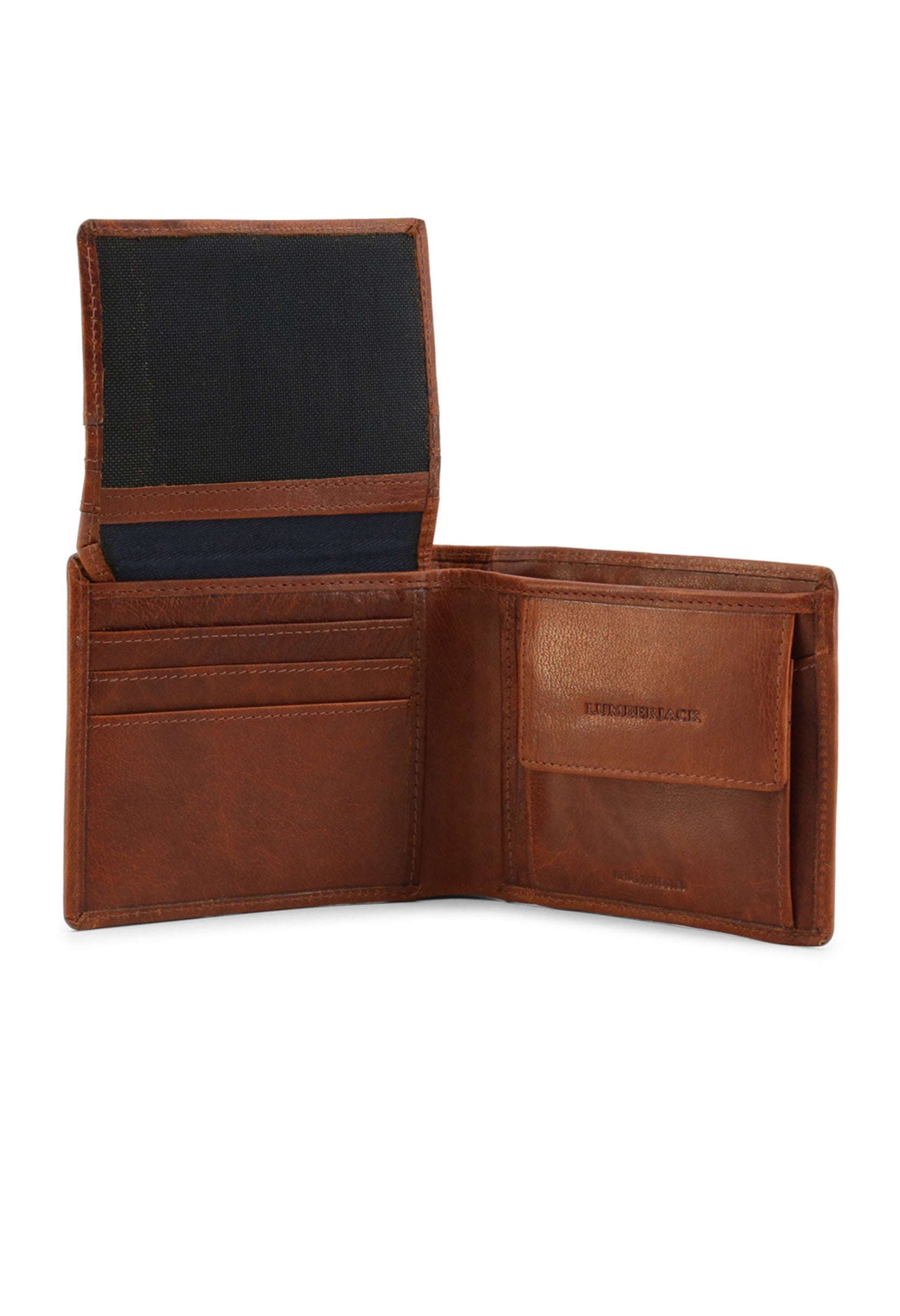 Men's leather bifold wallet interior showing coin purse and card slot organization.