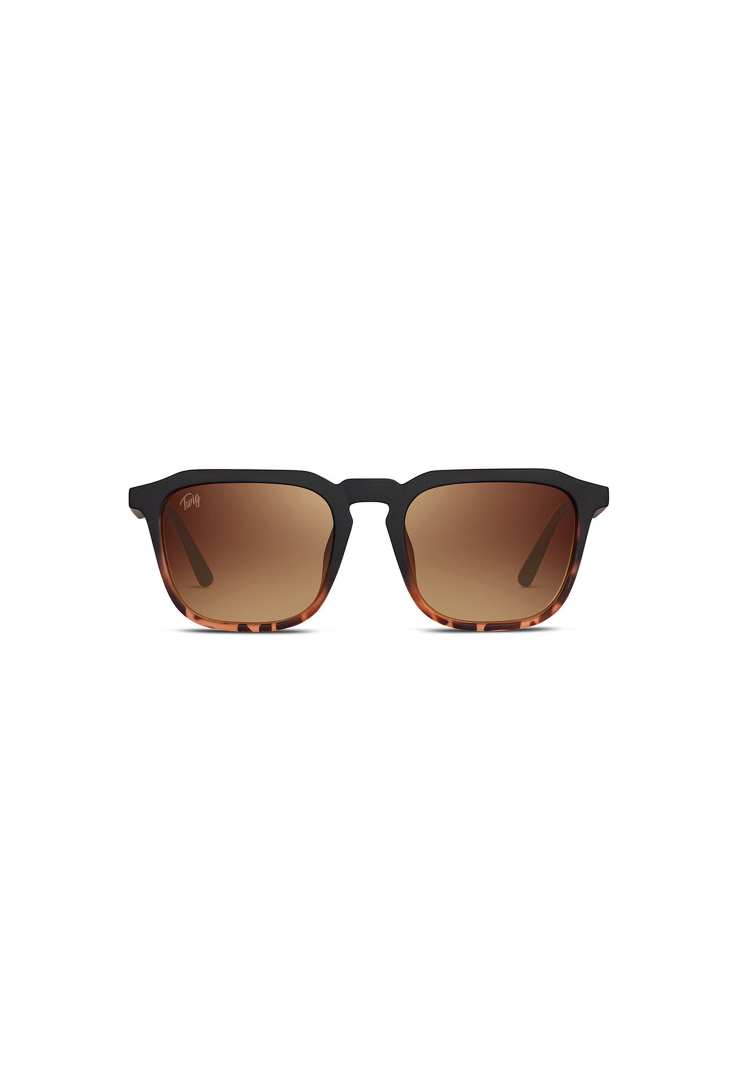 Front view of Twig Roth unisex square sunglasses showing black frame and brown gradient UV3 protective lenses.
