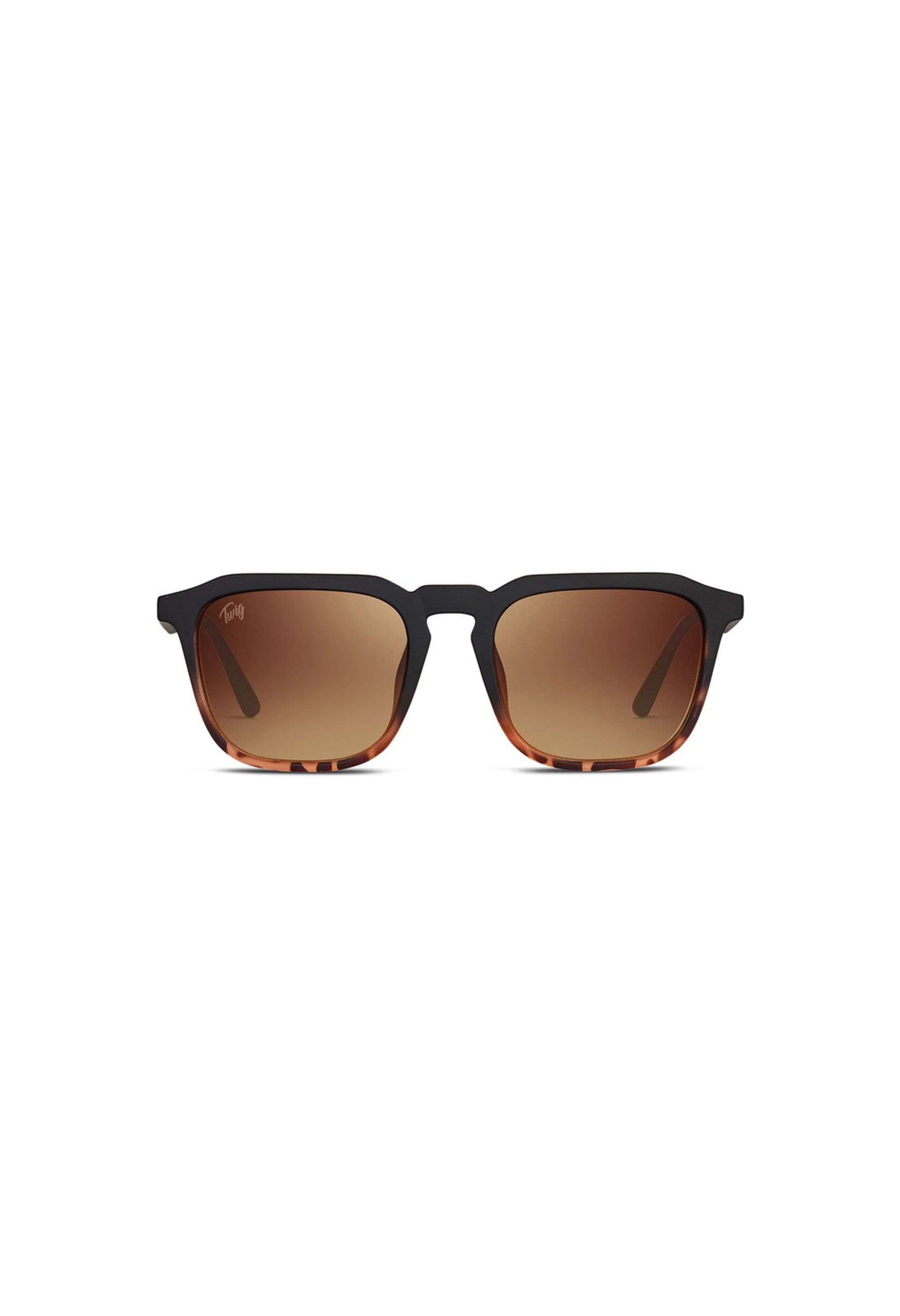 Front view of Twig Roth unisex square sunglasses showing black frame and brown gradient UV3 protective lenses.