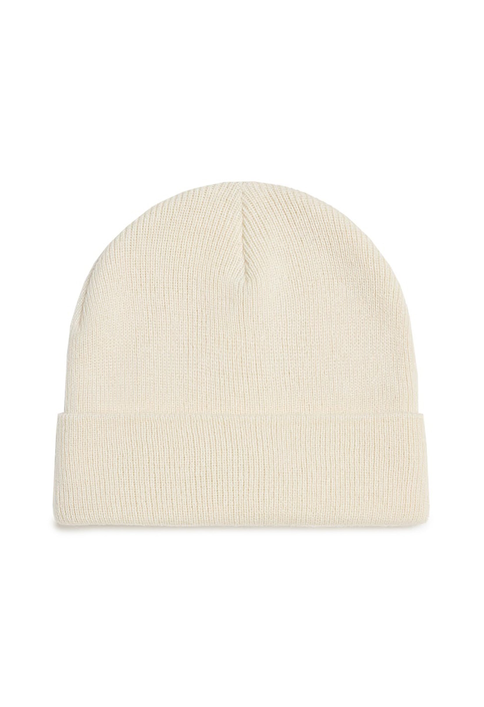 Back view of Vans VN000UOUDJR1 solid cream polyester beanie hat with clean knit texture.