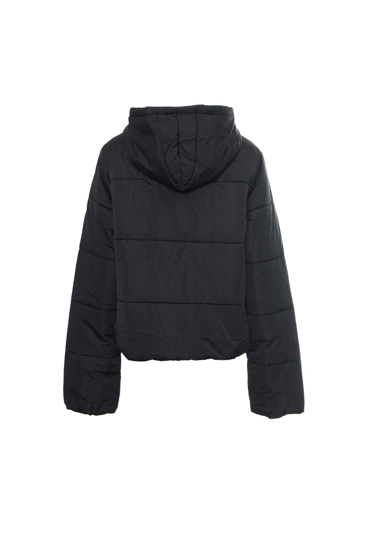 Back flat-lay view of Vans VN0A4B8MBLK1 black puffer bomber jacket showing padded design.