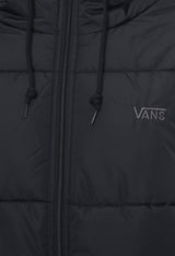 Close-up detail of Vans VN0A4B8MBLK1 black bomber jacket showing logo and hood drawstrings.