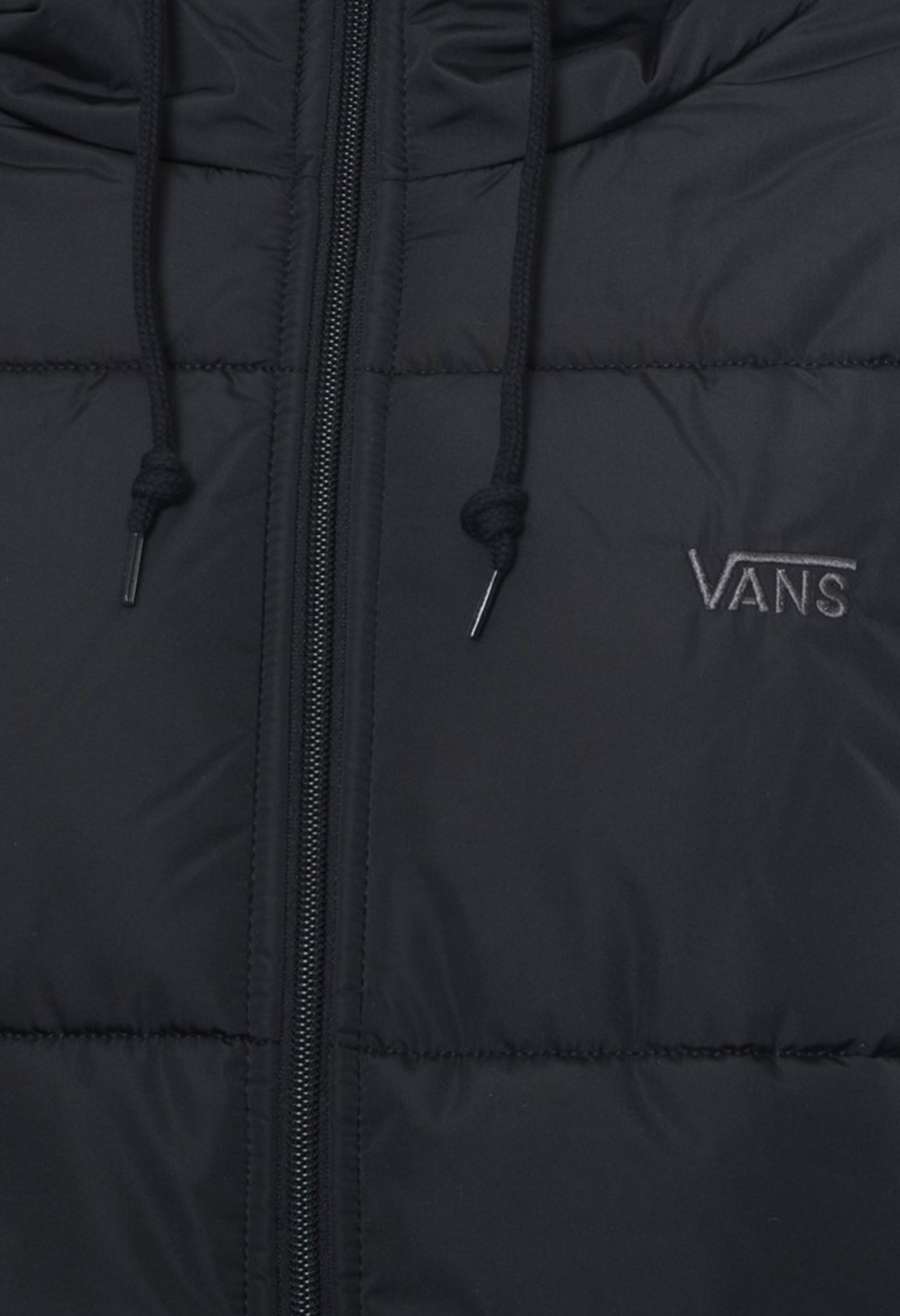Close-up detail of Vans VN0A4B8MBLK1 black bomber jacket showing logo and hood drawstrings.