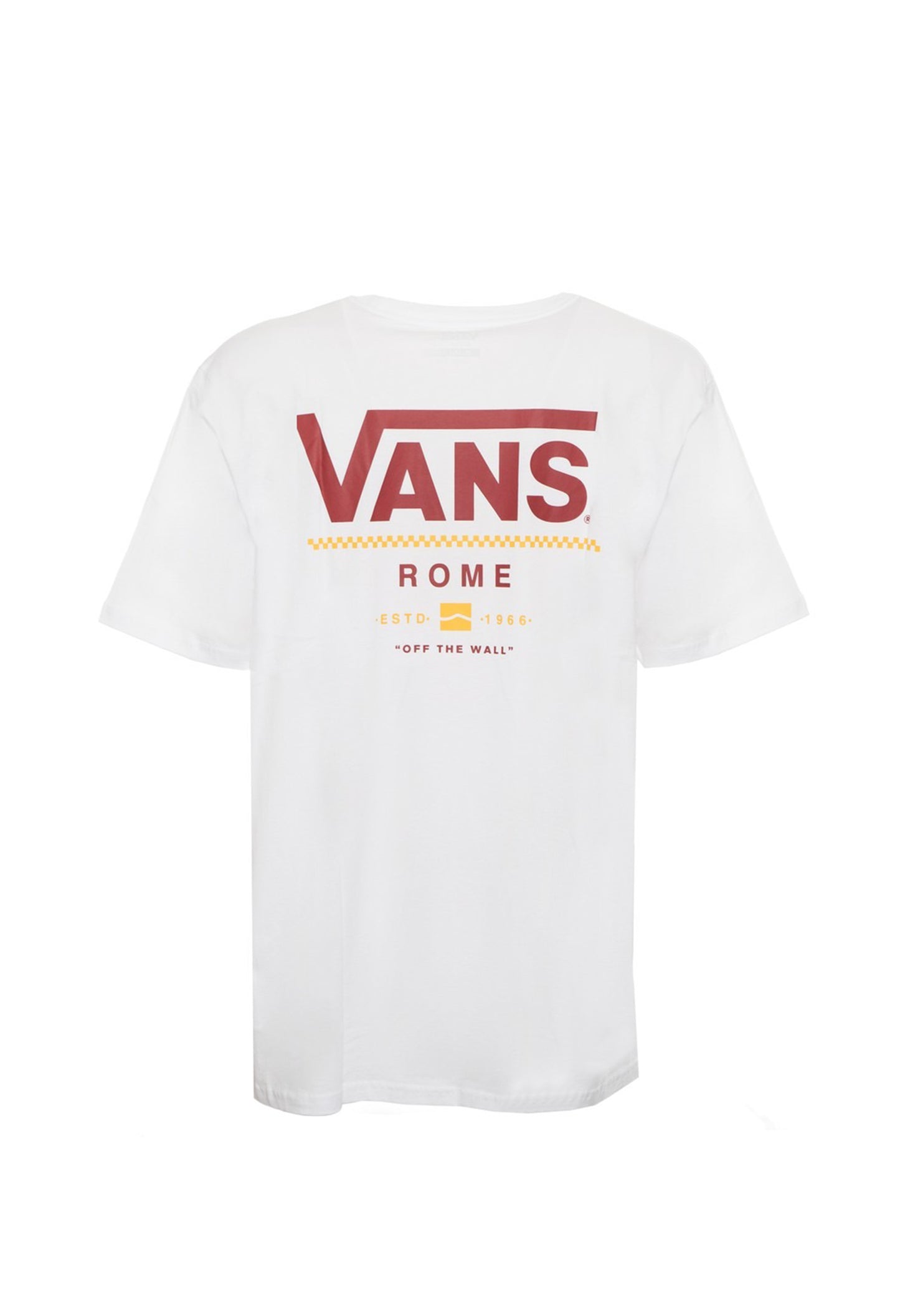 Back flat-lay of Vans VN0A4CYDWHT1 T-shirt showing large red and yellow Vans graphic print.