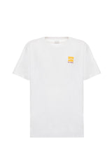 Front flat-lay view of Vans VN0A4CYDWHT1 white T-shirt with small yellow Vans chest logo.