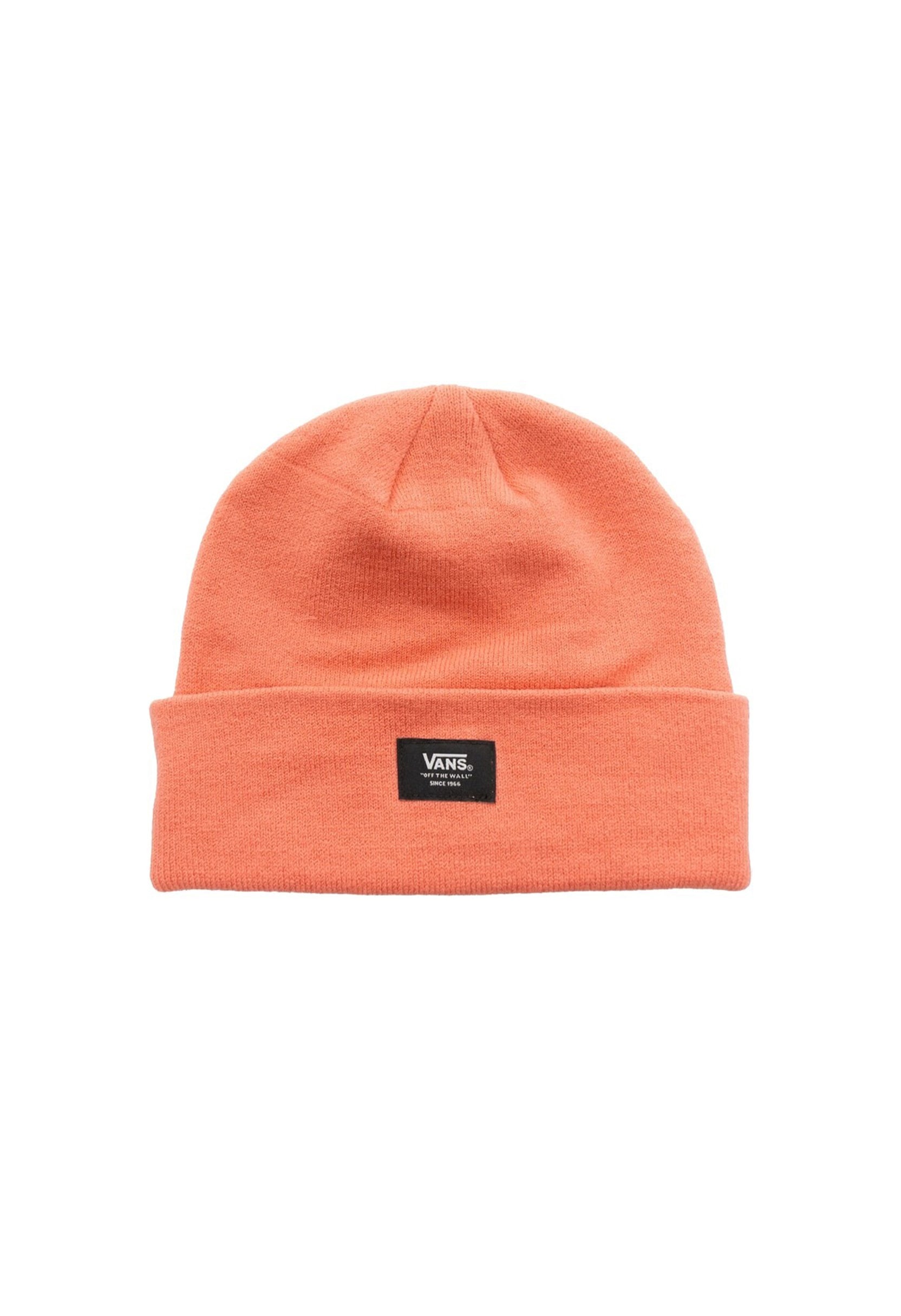 Front view of Vans VN0A5GPLQID1 orange beanie hat with folded cuff and centered Vans logo patch.