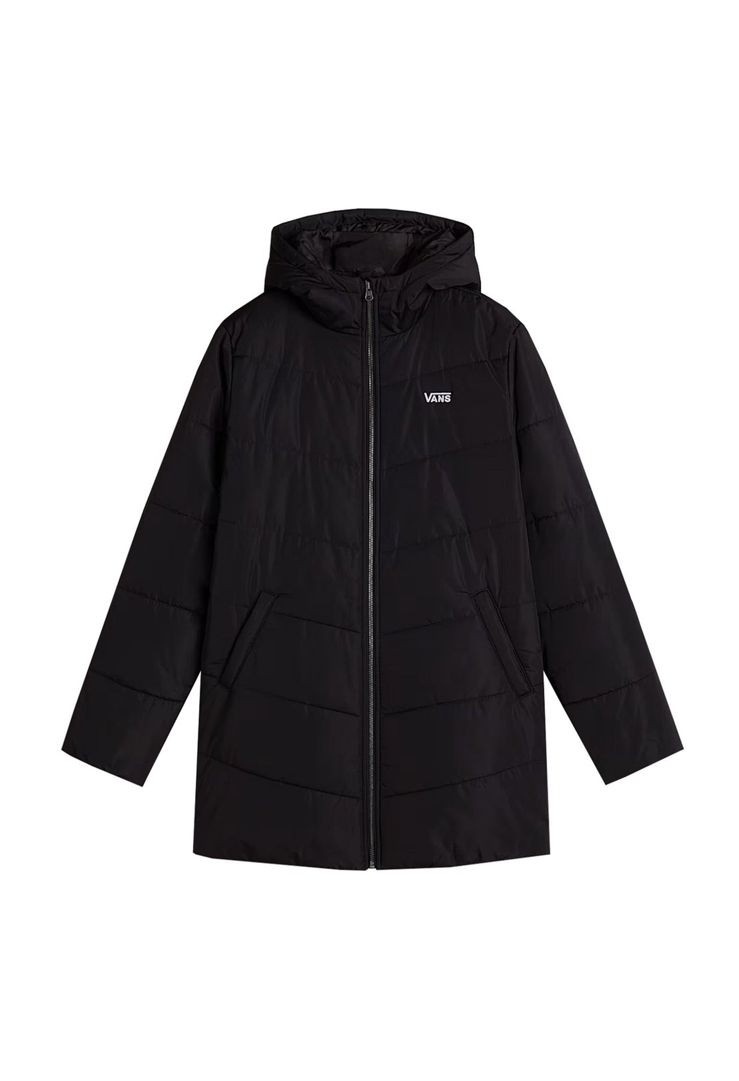 Back angled view of Vans VN0A5JNMBLK1 women’s long black bomber jacket showing padded design and hood.