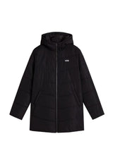 Back angled view of Vans VN0A5JNMBLK1 women’s long black bomber jacket showing padded design and hood.