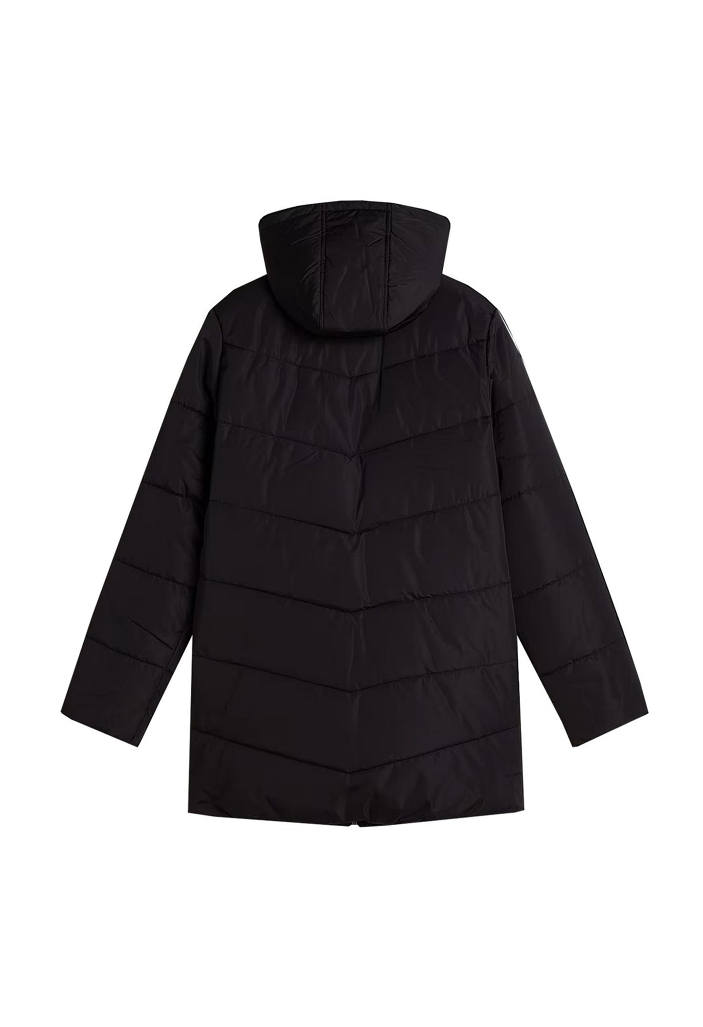Back view of Vans VN0A5JNMBLK1 women’s long black puffer jacket with quilted padding and solid colour.