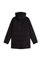 Back view of Vans VN0A5JNMBLK1 women’s long black puffer jacket with quilted padding and solid colour.