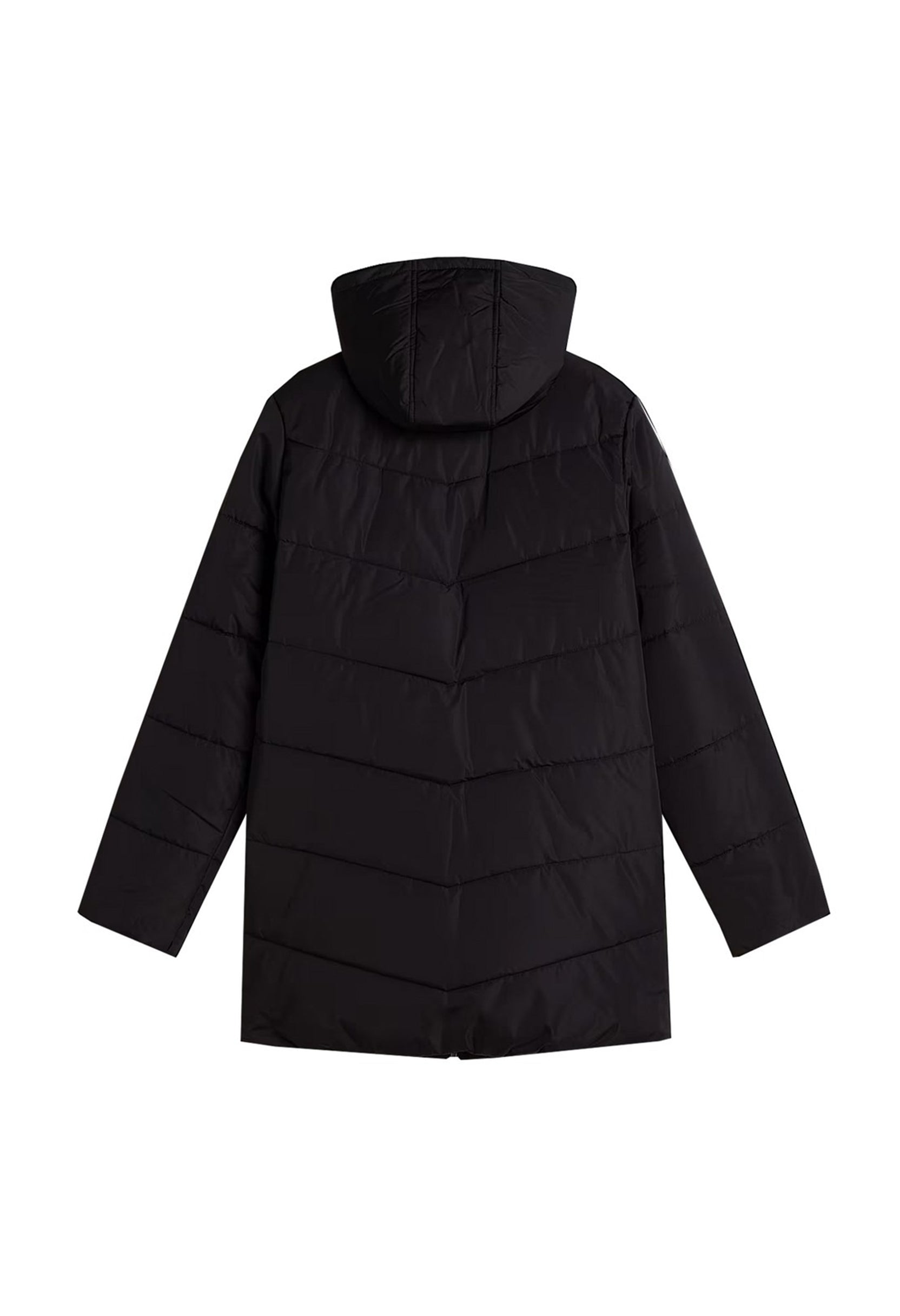 Back view of Vans VN0A5JNMBLK1 women’s long black puffer jacket with quilted padding and solid colour.