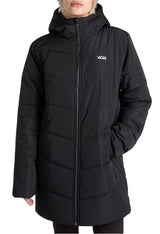 Full front view of Vans VN0A5JNMBLK1 women’s long black puffer jacket with long sleeves and zip-up closure.