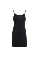 Front flat-lay of Vans VN0A5LMEBLK1 solid black sleeveless mini dress with logo on chest.
