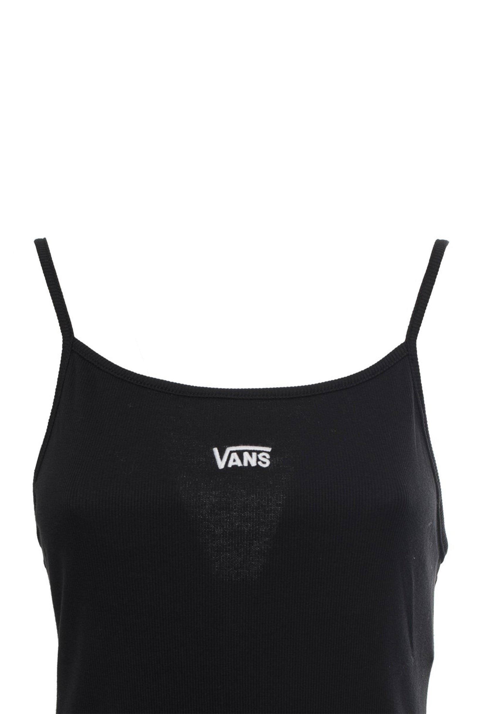 Close-up of Vans VN0A5LMEBLK1 black dress showing ribbed texture and visible Vans chest logo.