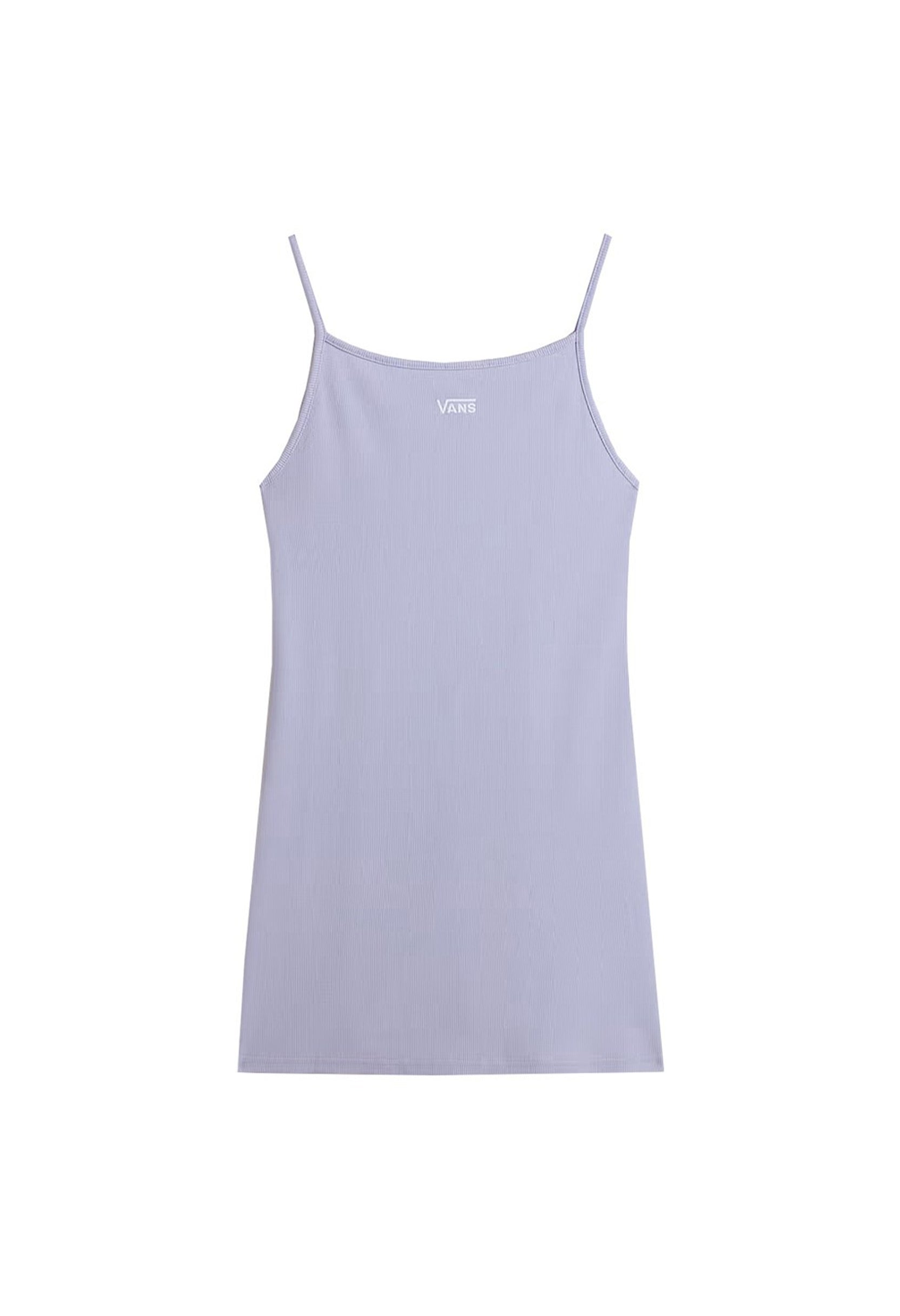 Front flat-lay view of Vans VN0A5LMECR21 sleeveless ribbed mini dress in lavender with logo on chest.
