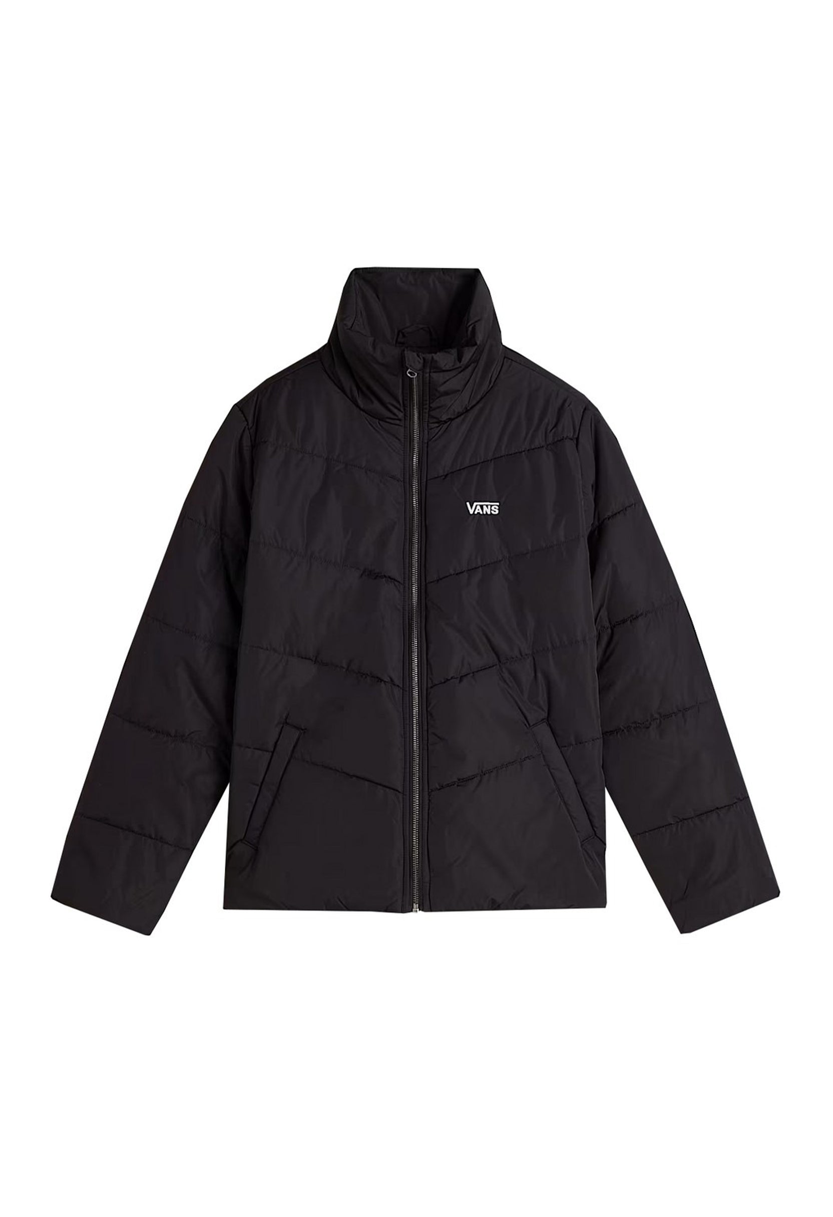 Flat lay of Vans VN0A7YK5BLK1 black bomber jacket with long sleeves, zip-up closure, and visible Vans logo.