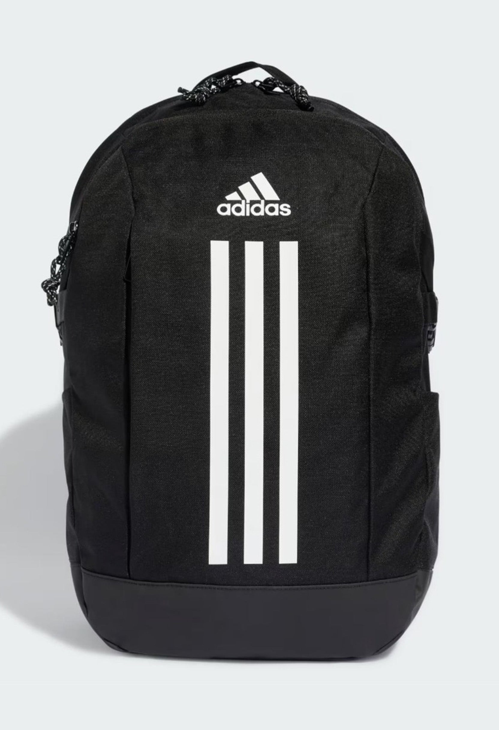 Brand new Adidas Power VII backpack in black with white 3-stripes front view.