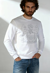 Aquascutum FAI001 men's white logo sweatshirt, worn by model, large crest graphic.