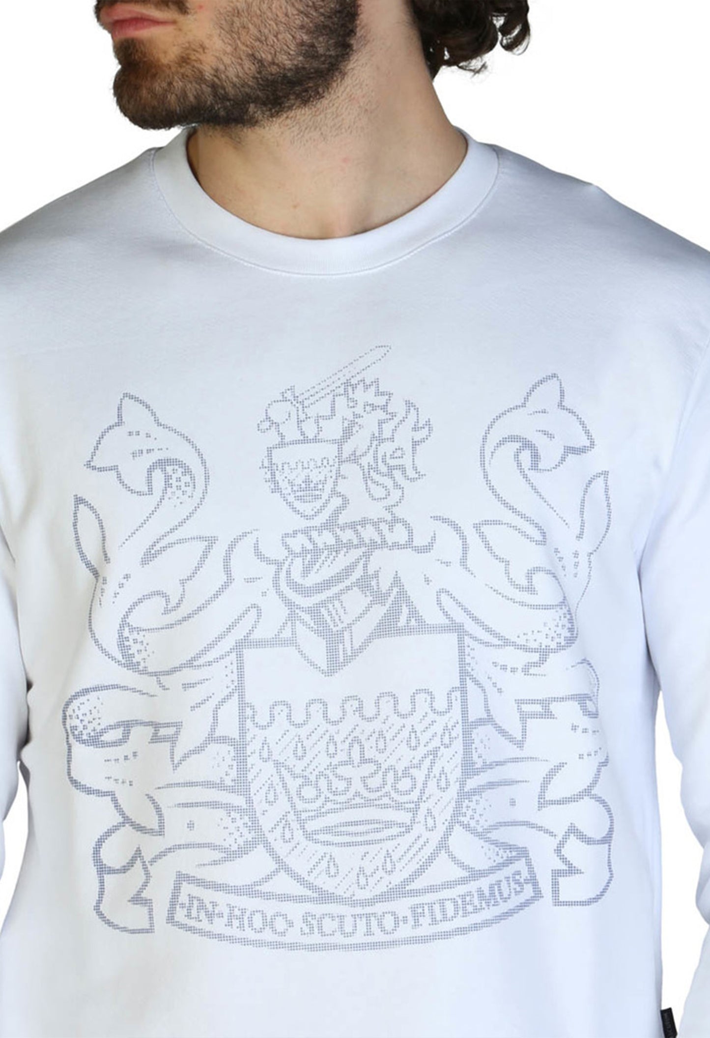 Aquascutum logo crest jumper, close-up detail of the graphic on the white version.