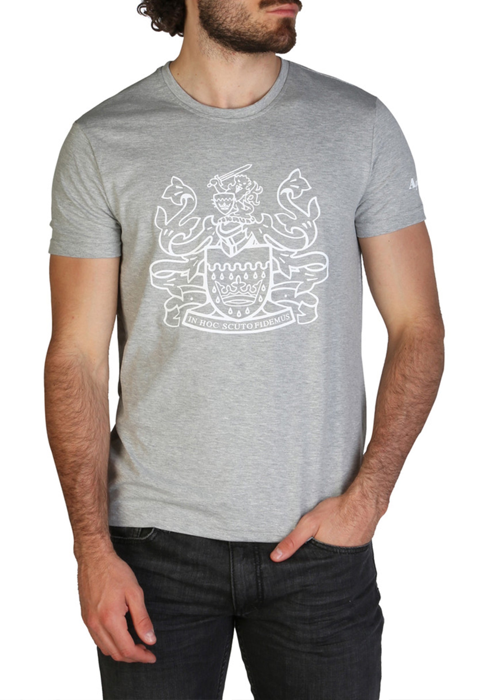 Aquascutum QMT002M0 men's stretch cotton T-shirt in dark color, worn by model1.