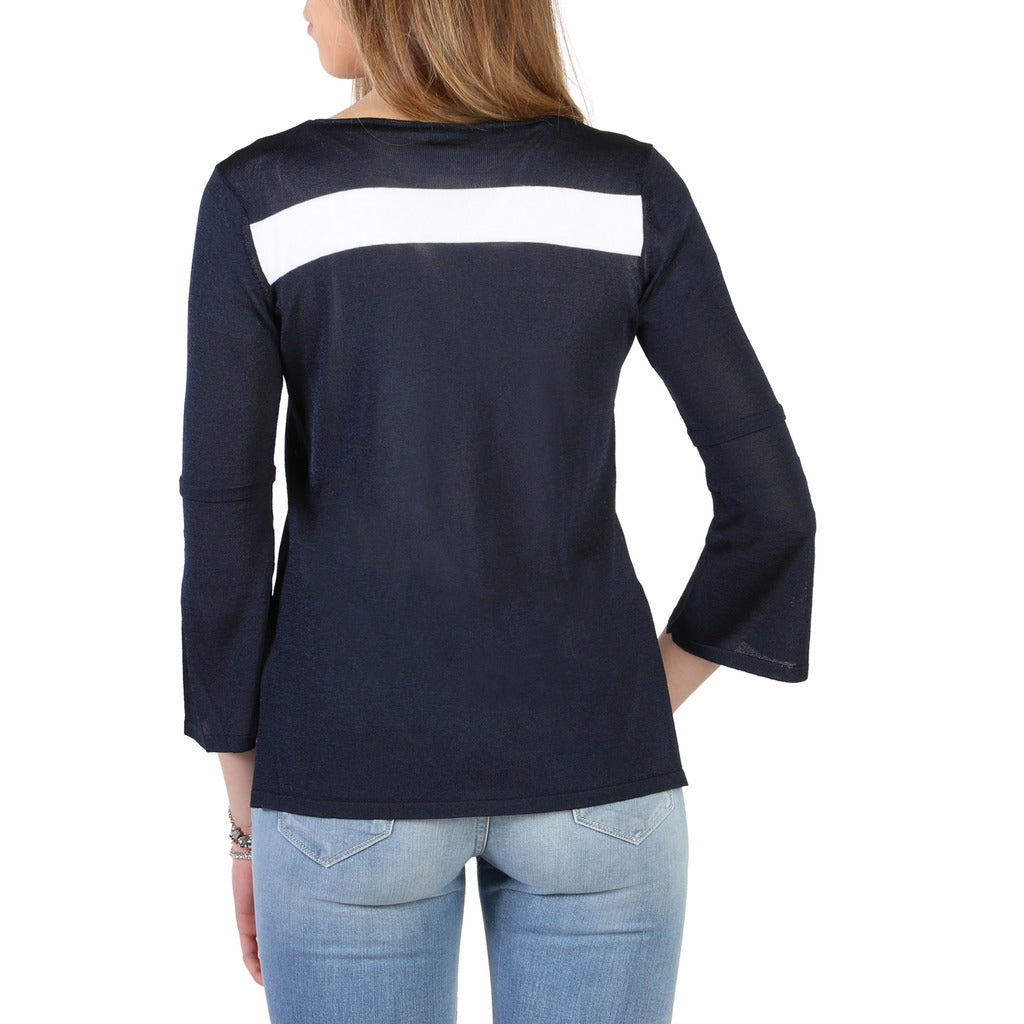 “Back view of Armani Jeans Women’s Navy Sweater 3Y5E2C_5M1XZ – authentic designer sweater with white stripe detail and elegant fit.”