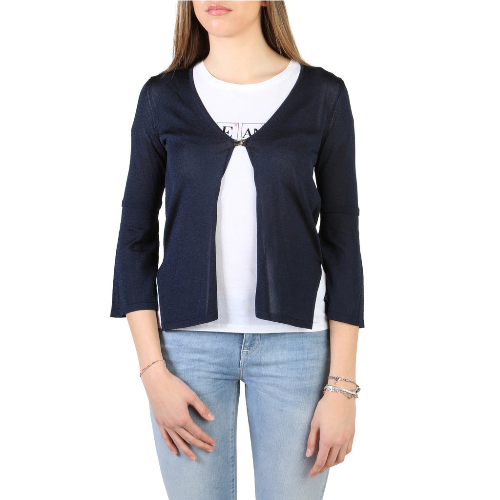 Front view of Armani Jeans Women’s Navy 3/4 Sleeve Sweater 3Y5E2C_5M1XZ – authentic designer top available at France AJ Luxe, featuring front fastening and soft fabric.”