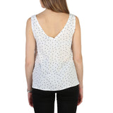 “Back view of Armani Jeans Women’s White Polka Dot Sleeveless Top C5022_ZB – authentic designer top with deep V-back design and smooth lightweight finish.”