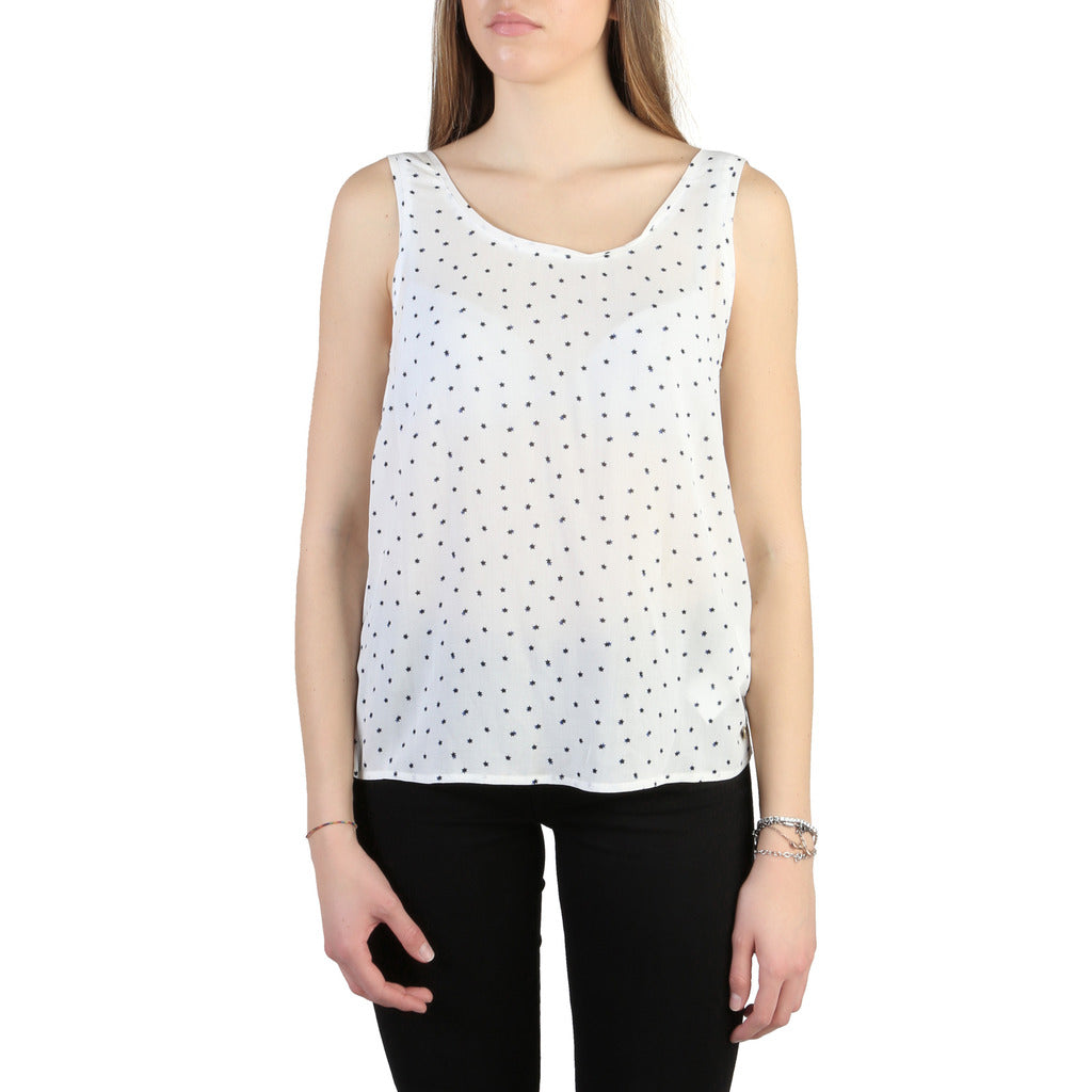“Front view of Armani Jeans Women’s White Polka Dot Sleeveless Top C5022_ZB – authentic designer blouse available at France AJ Luxe, featuring round neckline and soft viscose fabric.”