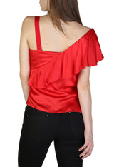 Back view of the Armani Exchange red silk top showing the asymmetrical one-shoulder design.