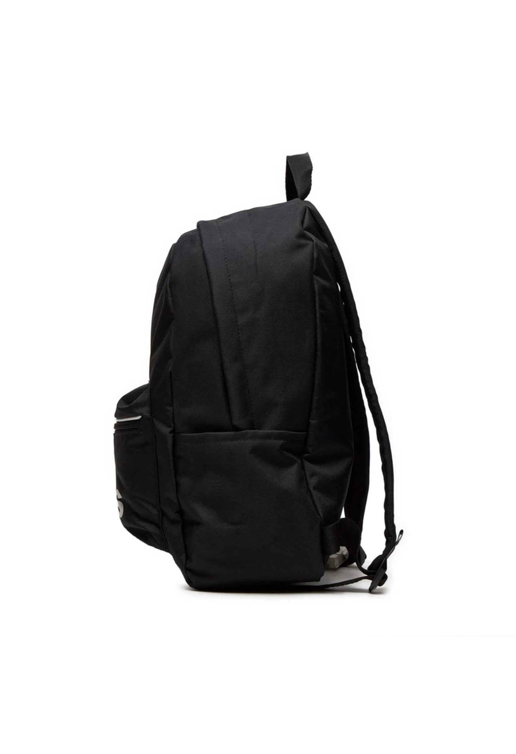 Side profile of an authentic Adidas Essentials backpack showing water bottle pocket.